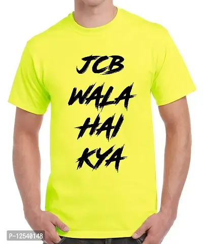 Caseria Men's Round Neck Cotton Half Sleeved T-Shirt with Printed Graphics - JCB Wala Hai (Lemon Yellow, XL)