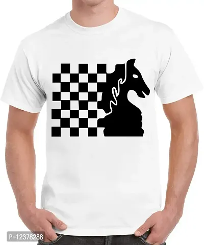 Caseria Men's Round Neck Cotton Half Sleeved T-Shirt with Printed Graphics - Knight Chess (White, XXL)