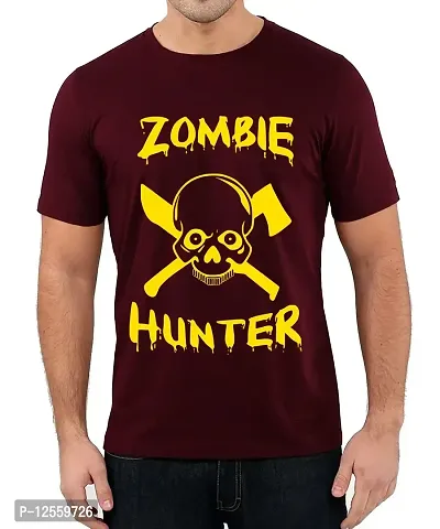 Caseria Men's Round Neck Cotton Half Sleeved T-Shirt with Printed Graphics - Zomble Hunter (Maroon, L)-thumb0