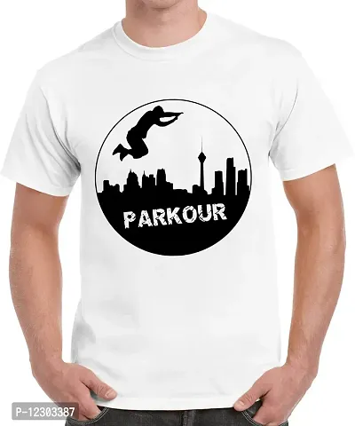 Caseria Men's Round Neck Cotton Half Sleeved T-Shirt with Printed Graphics - Parkour (White, SM)