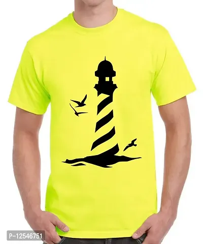 Caseria Men's Round Neck Cotton Half Sleeved T-Shirt with Printed Graphics - Dream Lighthouse (Lemon Yellow, MD)