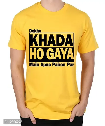 Caseria Men's Round Neck Cotton Half Sleeved T-Shirt with Printed Graphics - Dekho Khada Ho Gaya (Yellow, XXL)-thumb0