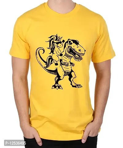 Caseria Men's Round Neck Cotton Half Sleeved T-Shirt with Printed Graphics - Horse Dinosaur (Yellow, SM)