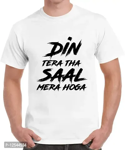 Caseria Men's Round Neck Cotton Half Sleeved T-Shirt with Printed Graphics - Din Saal Mera Hoga (White, SM)