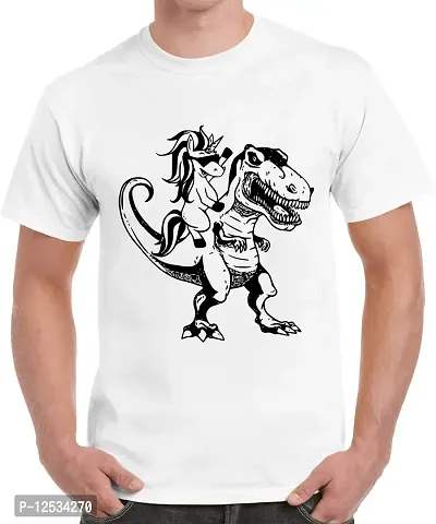 Caseria Men's Round Neck Cotton Half Sleeved T-Shirt with Printed Graphics - Horse Dinosaur (White, XXL)-thumb0