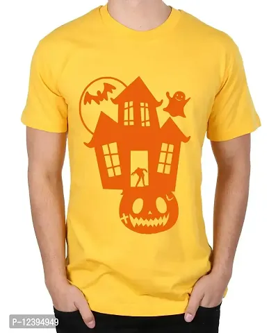 Caseria Men's Round Neck Cotton Half Sleeved T-Shirt with Printed Graphics - Halloween House (Yellow, L)-thumb0