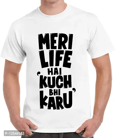 Caseria Men's Round Neck Cotton Half Sleeved T-Shirt with Printed Graphics - Kuch Bhi Karu (White, L)