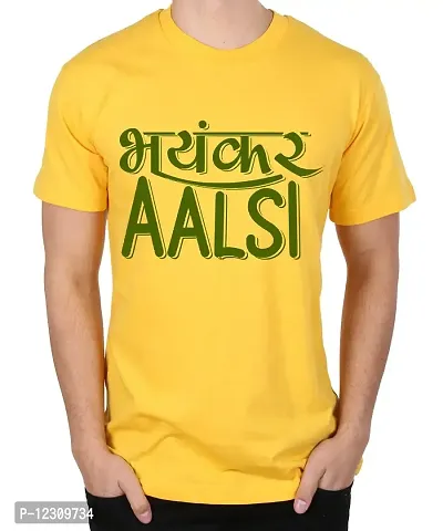 Caseria Men's Round Neck Cotton Half Sleeved T-Shirt with Printed Graphics - Bhayankar Aalsi (Yellow, SM)