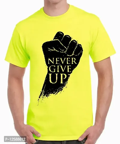 Caseria Men's Round Neck Cotton Half Sleeved T-Shirt with Printed Graphics - Never Give Up (Lemon Yellow, SM)