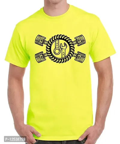 Caseria Men's Round Neck Cotton Half Sleeved T-Shirt with Printed Graphics - Biker Motorcycle (Lemon Yellow, SM)