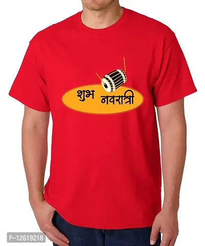 Caseria Men's Round Neck Cotton Half Sleeved T-Shirt with Printed Graphics - shubh Navratri (Red, XL)