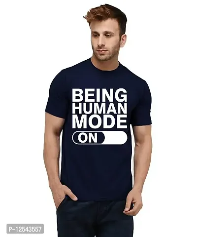 Caseria Men's Round Neck Cotton Half Sleeved T-Shirt with Printed Graphics - Being Human Mode On (Navy Blue, L)-thumb0