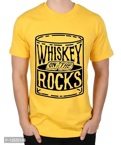 Caseria Men's Round Neck Cotton Half Sleeved T-Shirt with Printed Graphics - Whiskey On The Rocks (Yellow, SM)