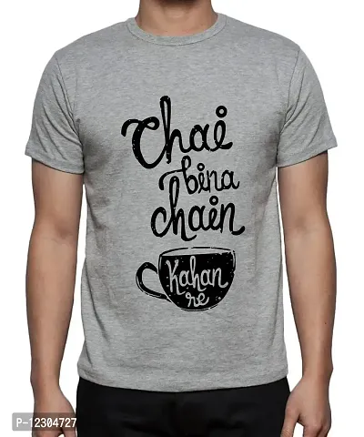 Caseria Men's Round Neck Cotton Half Sleeved T-Shirt with Printed Graphics - Chai Bina Chain Kahan Re (Grey, SM)