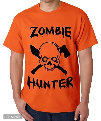 Caseria Men's Round Neck Cotton Half Sleeved T-Shirt with Printed Graphics - Zomble Hunter (Orange, XL)-thumb0