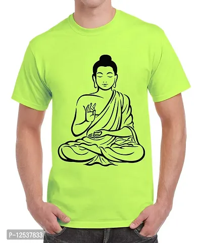 Caseria Men's Round Neck Cotton Half Sleeved T-Shirt with Printed Graphics - Buddha (Liril Green, SM)