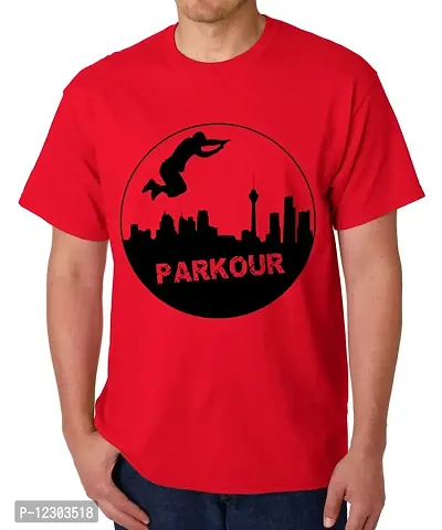 Caseria Men's Round Neck Cotton Half Sleeved T-Shirt with Printed Graphics - Parkour (Red, MD)-thumb0