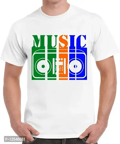 Caseria Men's Round Neck Cotton Half Sleeved T-Shirt with Printed Graphics - Music Player (White, XXL)