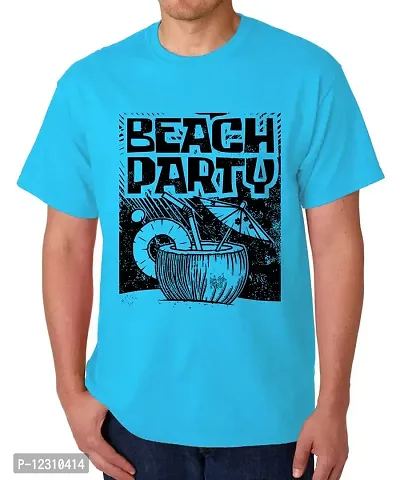 Caseria Men's Round Neck Cotton Half Sleeved T-Shirt with Printed Graphics - Beach Party (Sky Blue, SM)