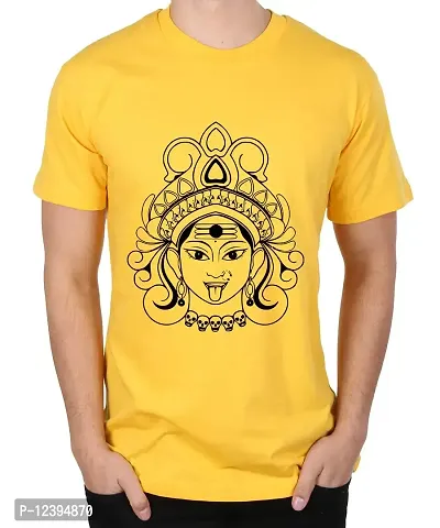 Caseria Men's Round Neck Cotton Half Sleeved T-Shirt with Printed Graphics - Kali Maa Face (Yellow, SM)