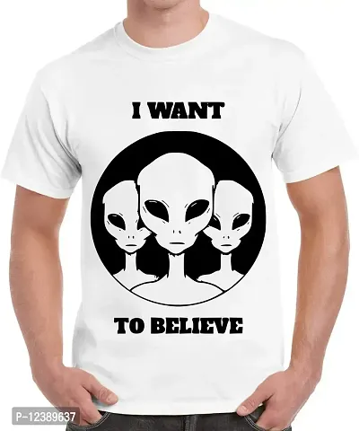 Caseria Men's Round Neck Cotton Half Sleeved T-Shirt with Printed Graphics - Aliens Believe (White, XL)