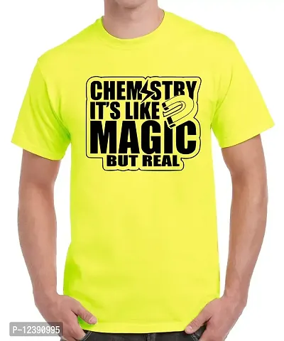 Caseria Men's Round Neck Cotton Half Sleeved T-Shirt with Printed Graphics - Chemistry It's Like Magic (Lemon Yellow, L)