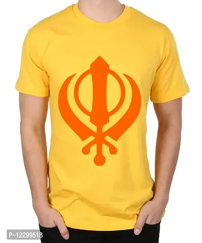 Caseria Men's Round Neck Cotton Half Sleeved T-Shirt with Printed Graphics - Sikh Khanda (Yellow, L)