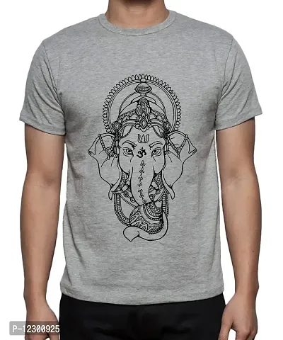 Caseria Men's Round Neck Cotton Half Sleeved T-Shirt with Printed Graphics - Shri Ganesh (Grey, XL)-thumb0