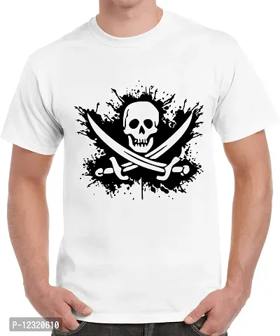 Caseria Men's Round Neck Cotton Half Sleeved T-Shirt with Printed Graphics - Pirates of Caribbean Flag (White, XL)