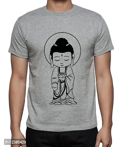 Caseria Men's Round Neck Cotton Half Sleeved T-Shirt with Printed Graphics - Kid Buddha (Grey, XXL)-thumb0