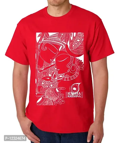 Caseria Men's Round Neck Cotton Half Sleeved T-Shirt with Printed Graphics - Radha Krishna (Red, L)