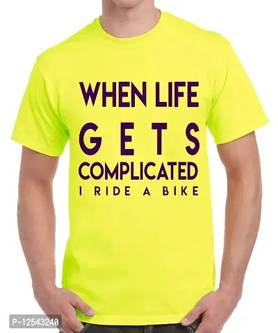 Caseria Men's Round Neck Cotton Half Sleeved T-Shirt with Printed Graphics - Life Gets Complicated (Lemon Yellow, XL)