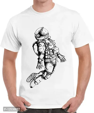 Caseria Men's Round Neck Cotton Half Sleeved T-Shirt with Printed Graphics - Fly Astronaut Man (White, XL)-thumb0