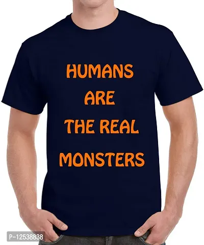 Caseria Men's Round Neck Cotton Half Sleeved T-Shirt with Printed Graphics - Real Monsters (Navy Blue, XL)