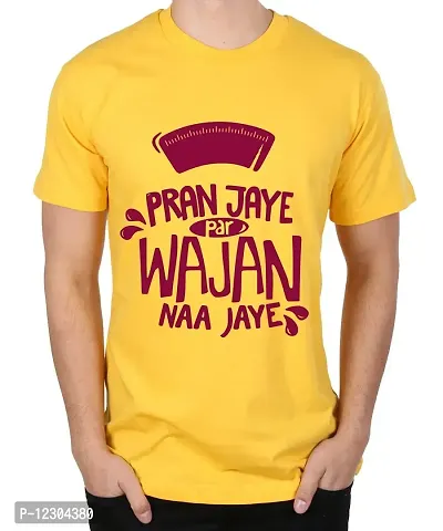 Caseria Men's Round Neck Cotton Half Sleeved T-Shirt with Printed Graphics - Pran Jaye Wajan Najaye (Yellow, XL)-thumb0