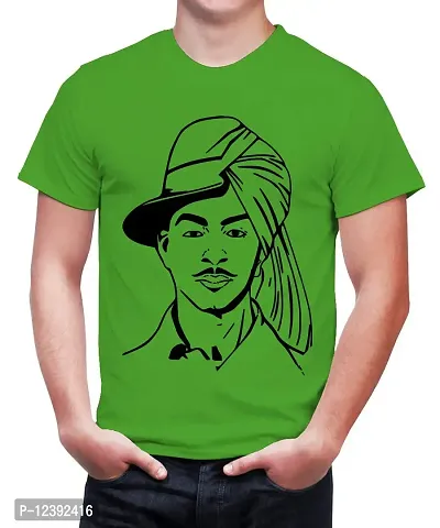 Caseria Men's Round Neck Cotton Half Sleeved T-Shirt with Printed Graphics - 2side Shaheed Bhagat Singh (Parrot Green, XL)-thumb0