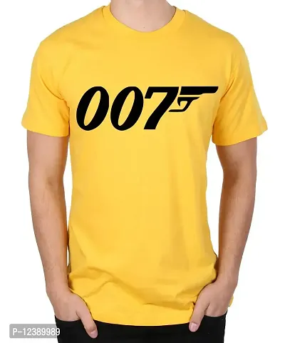 Caseria Men's Round Neck Cotton Half Sleeved T-Shirt with Printed Graphics - 007 Gun (Yellow, L)