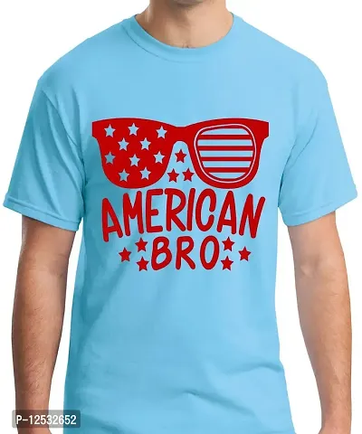 Caseria Men's Round Neck Cotton Half Sleeved T-Shirt with Printed Graphics - American Bro (Sky Blue, L)