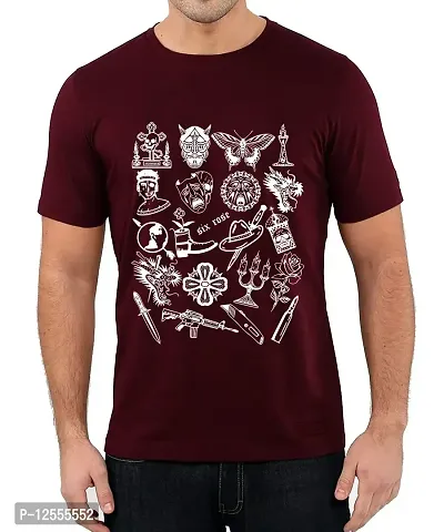 Caseria Men's Round Neck Cotton Half Sleeved T-Shirt with Printed Graphics - Six Rose (Maroon, SM)