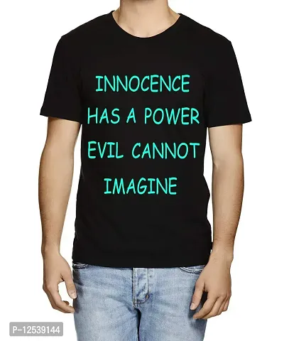 Caseria Men's Round Neck Cotton Half Sleeved T-Shirt with Printed Graphics - Innocence HAS A Power (Black, XXL)