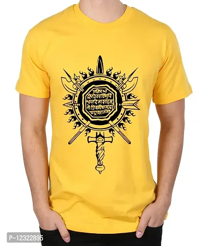 Caseria Men's Round Neck Cotton Half Sleeved T-Shirt with Printed Graphics - Shivaji Rajmudra (Yellow, XXL)