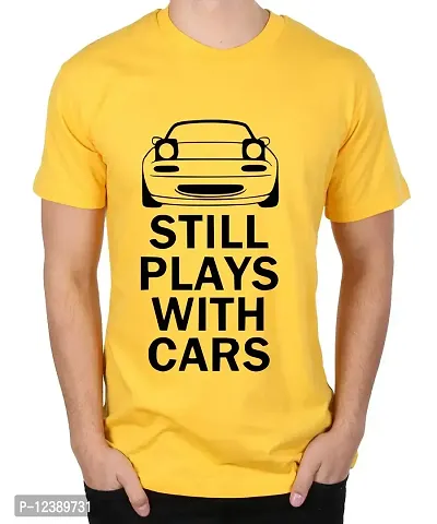 Caseria Men's Round Neck Cotton Half Sleeved T-Shirt with Printed Graphics - Still Plays with Cars (Yellow, SM)