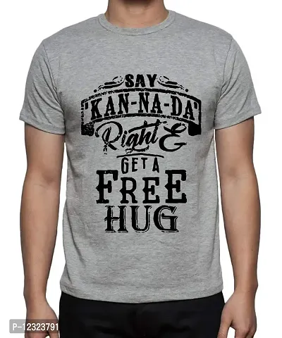 Caseria Men's Round Neck Cotton Half Sleeved T-Shirt with Printed Graphics - Say Kannada (Grey, L)-thumb0