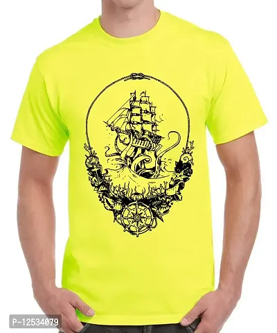 Caseria Men's Round Neck Cotton Half Sleeved T-Shirt with Printed Graphics - Ship Point (Lemon Yellow, L)