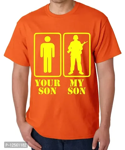 Caseria Men's Round Neck Cotton Half Sleeved T-Shirt with Printed Graphics - Your Son My Son (Orange, MD)