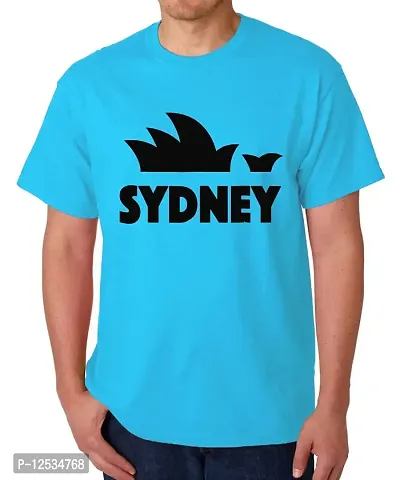 Caseria Men's Round Neck Cotton Half Sleeved T-Shirt with Printed Graphics - Sydney (Sky Blue, MD)