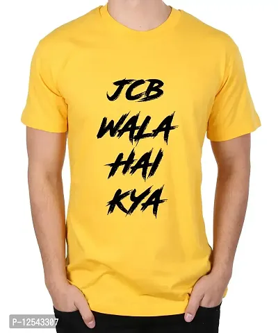 Caseria Men's Round Neck Cotton Half Sleeved T-Shirt with Printed Graphics - JCB Wala Hai (Yellow, SM)