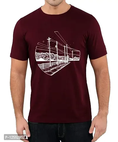 Caseria Men's Round Neck Cotton Half Sleeved T-Shirt with Printed Graphics - Sea Road (Maroon, L)