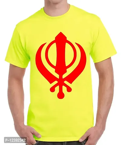 Caseria Men's Round Neck Cotton Half Sleeved T-Shirt with Printed Graphics - Sikh Khanda (Lemon Yellow, SM)