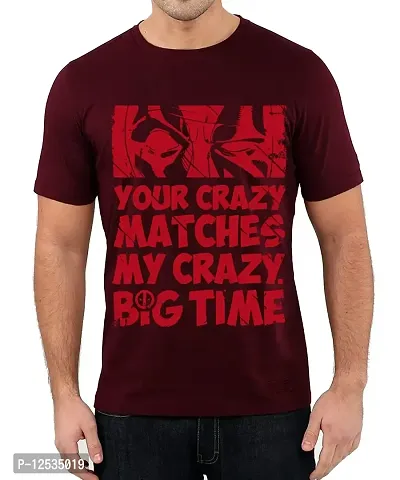 Caseria Men's Round Neck Cotton Half Sleeved T-Shirt with Printed Graphics - Crazy Big Time (Maroon, XXL)-thumb0